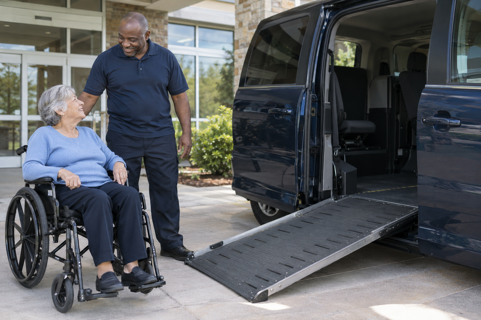 Illustrative photo of a transportation professional assisting a wheelchair rider beside an accessible van