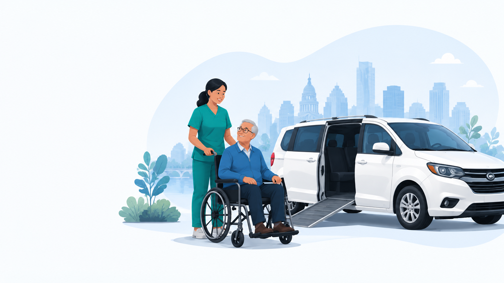 An accessible healthcare transportation professional assisting an older wheelchair rider beside a ramp-equipped vehicle in Central Texas
