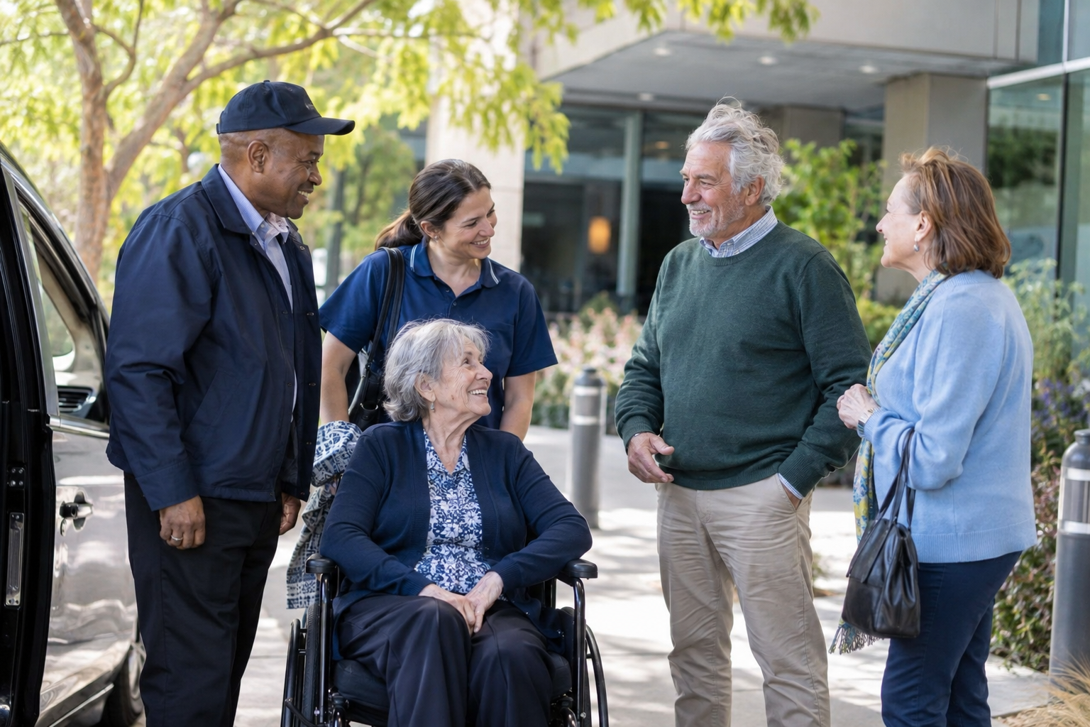 Illustrative photo of older adults, family members, a transportation provider and a care companion
